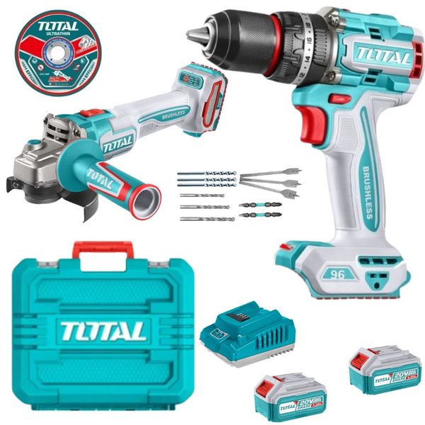 Total Tools - Cordless Impact Drill, Angle Grinder, Batteries &amp; Charger