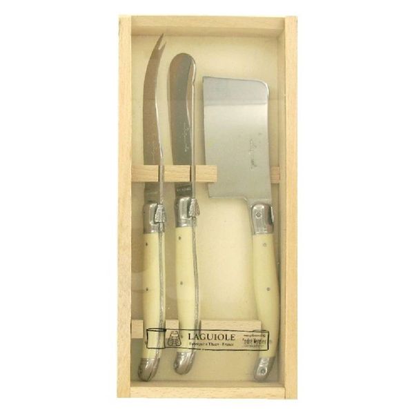 Andre Verdier Laguiole 3 Piece Cheese Set Ivory in Wooden Window Box