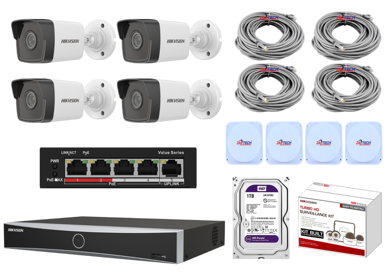 Hikvision 4CH IP Kit with 4x 2MP Cams, NVR, Zatech Cables &amp; 1TB HDD