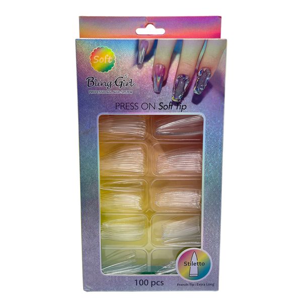 Bling Girl 100 Piece Soft Nail Tips Stiletto French Tip/Extra Long