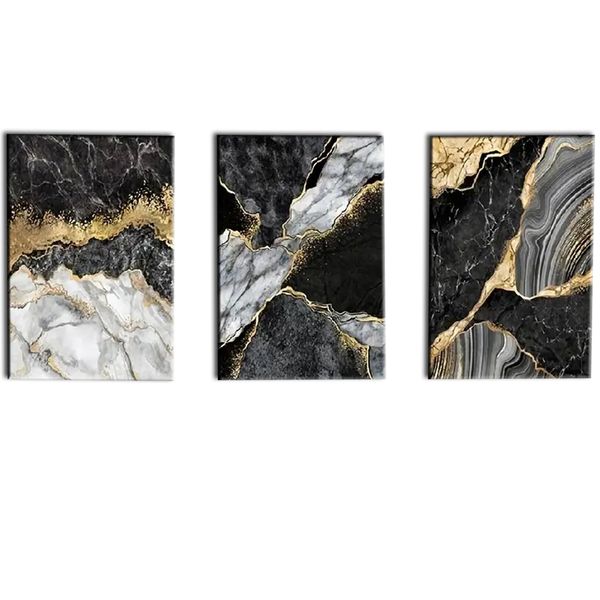Canvas Art - 3 Pieces Black Grey Gold Abstract Canvas Wall Art Decor