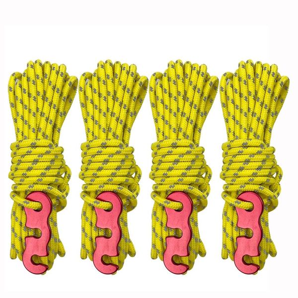 BasicX Reflective Camping Tent Rope 4m with Alloy Buckle, 4-Pack - Yellow
