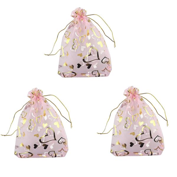 100 Pcs 9X12Cm Heart Printed Pink Organza Bags