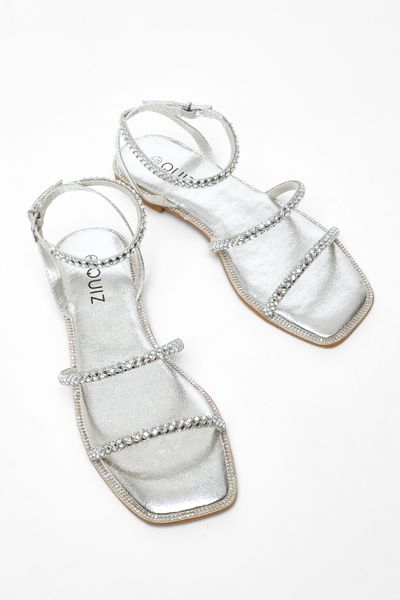Quiz - Women Silver Diamante Double Strap Flat Sandals