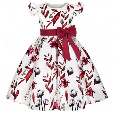 Elegant Red and White Floral Princess Dress for Girls