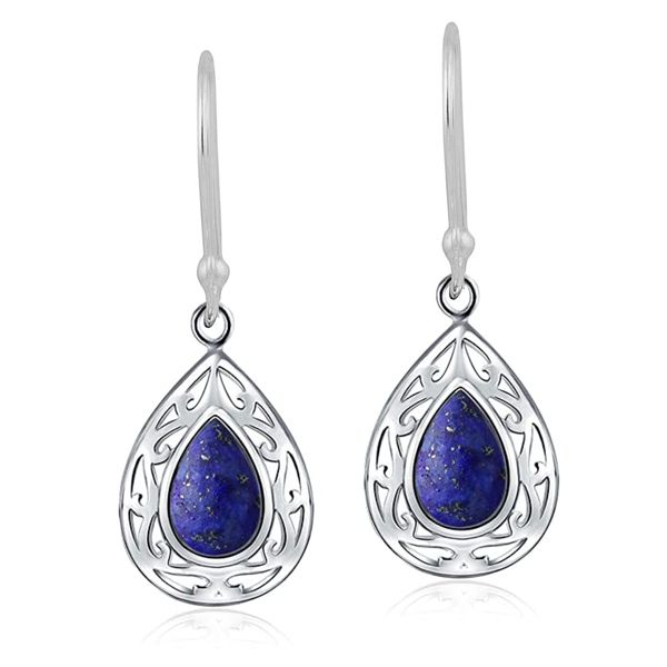 Genuine Lapis Lazuli 925 Sterling Silver Halo Drop &amp; Dangle Earrings
