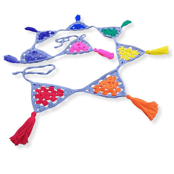 Handmade Rainbow and Grey Crocheted Woolen Bunting with Tassles