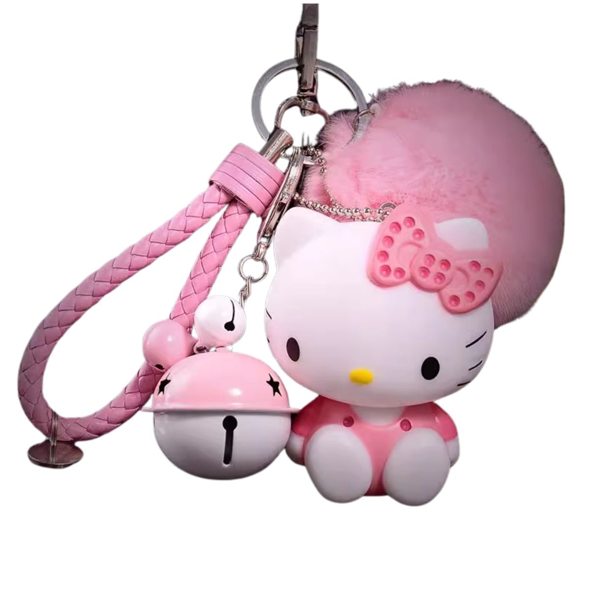 Hello Kitty Keychain - Cute Pink Pom-Pom & Bell Keyring