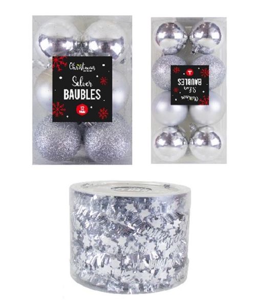 2 Packs Christmas Baubles &amp; 1 Pack Tinsel Silver