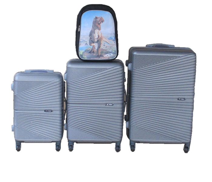 Silver ABS 3-Piece Spinner Trolley Set with Kids Dinosaur Backpack