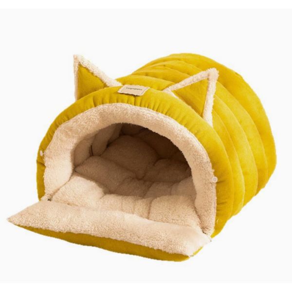 Cat Cave Bed with Removable Cushion, Yellow Ear-Shaped Tent