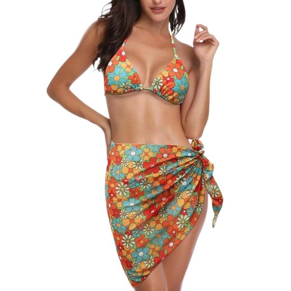 3 Piece Bathing Suit High Cut Bikini Tropical Flavor Swimwear Beach Skirt