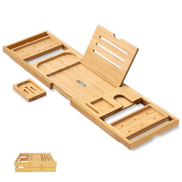 Extendable Bamboo Bathtub Tray - Wine Glass, Book &amp; Tablet Holder