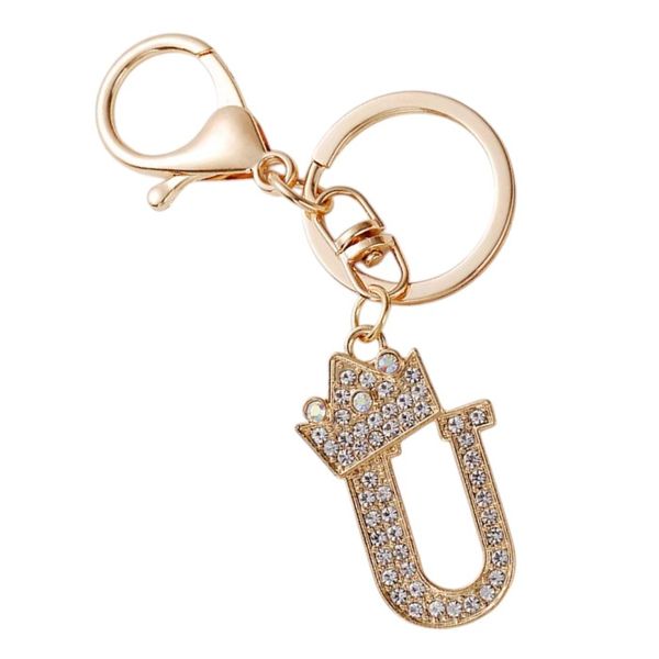 Rhinestone Charm Keychain With Letter 'U' - Gold