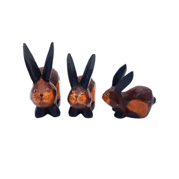 Wooden Crouching Rabbits - 3 Piece Brown