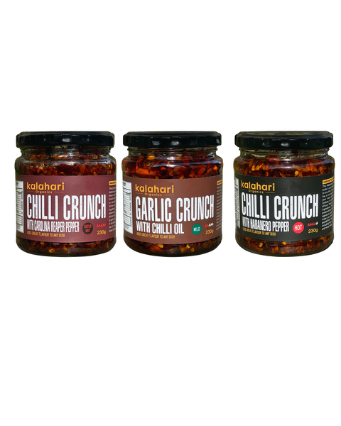 Kalahari Organics 3-Pack Chilli Crunch: Habanero, Garlic, Reaper-230g Each