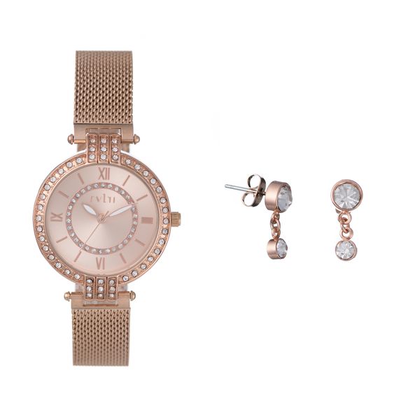 38mm stone Rose Case, Mesh Band Rose Dial Watch Set With Drop Earrings