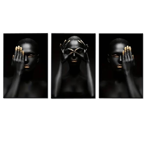 Canvas- Art-3 Pieces Black &amp; Gold Ladies II Abstract Canvas Wall Art Decor