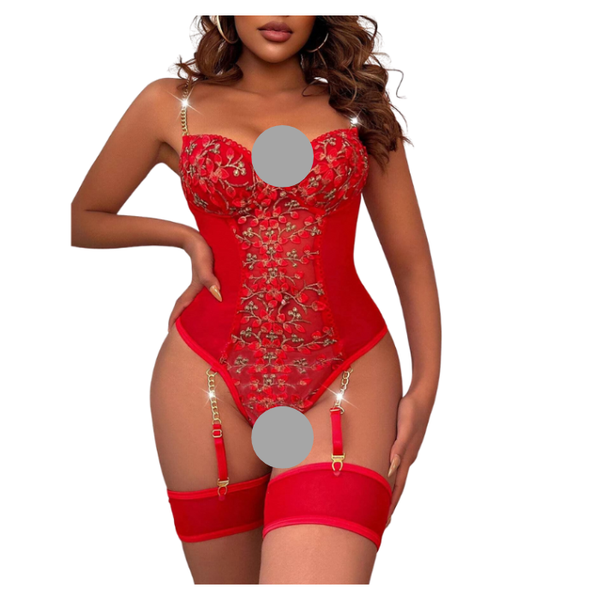 Edendiva Embroidery Mesh Chain Teddy Bodysuit