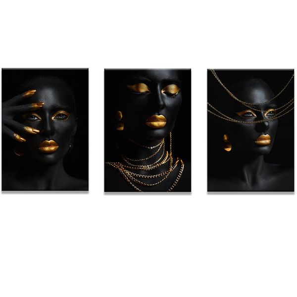 Canvas-Art-3 Pieces Gold &amp; Black Modern Lady Wall Art