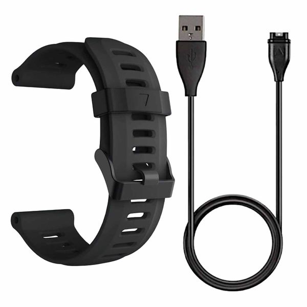 FocusFit Silicone Strap with Charger for Garmin Fenix 5X/6X/7X 26mm - Black