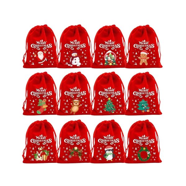 12-Piece Christmas Gift Drawstring Sacks With Festive Prints - Red