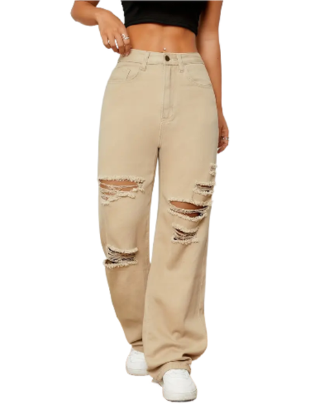 Ripped Plain Distressed Loose Fit Straight Leg Jeans