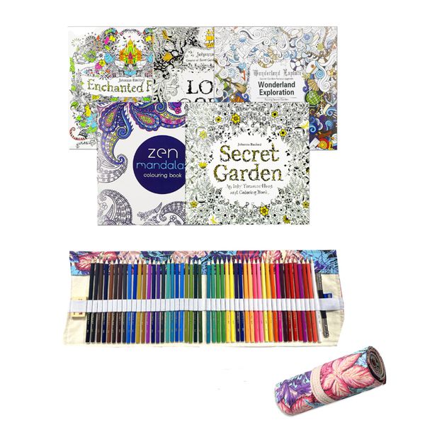 5 Pack Coloring Books And 72 Colors Pencil With Roll-up Pencil Case Kit