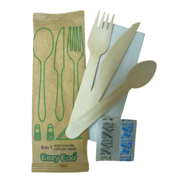 6-in-1 Eco Friendly Wooden Cutlery Set (Pack of 100's) Paper Outerwrap