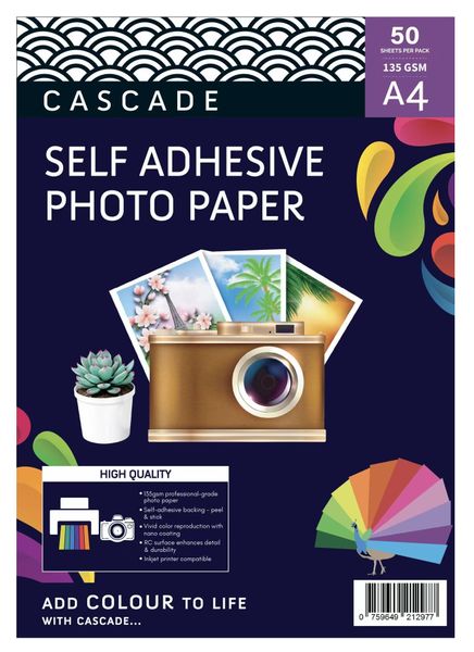 Cascade Self-Adhesive Photo Paper A4 135gsm Gloss Peel &amp; Stick - Pack of 50