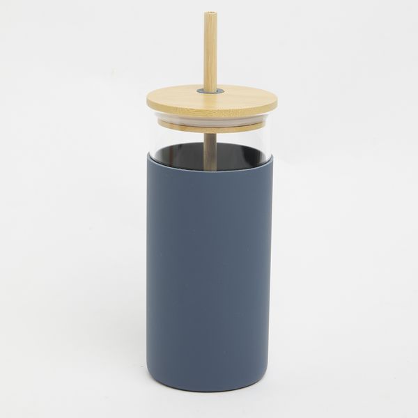 George &amp; Mason - Glass Bottle with Silicone Sleeve &amp; Straw - Blue