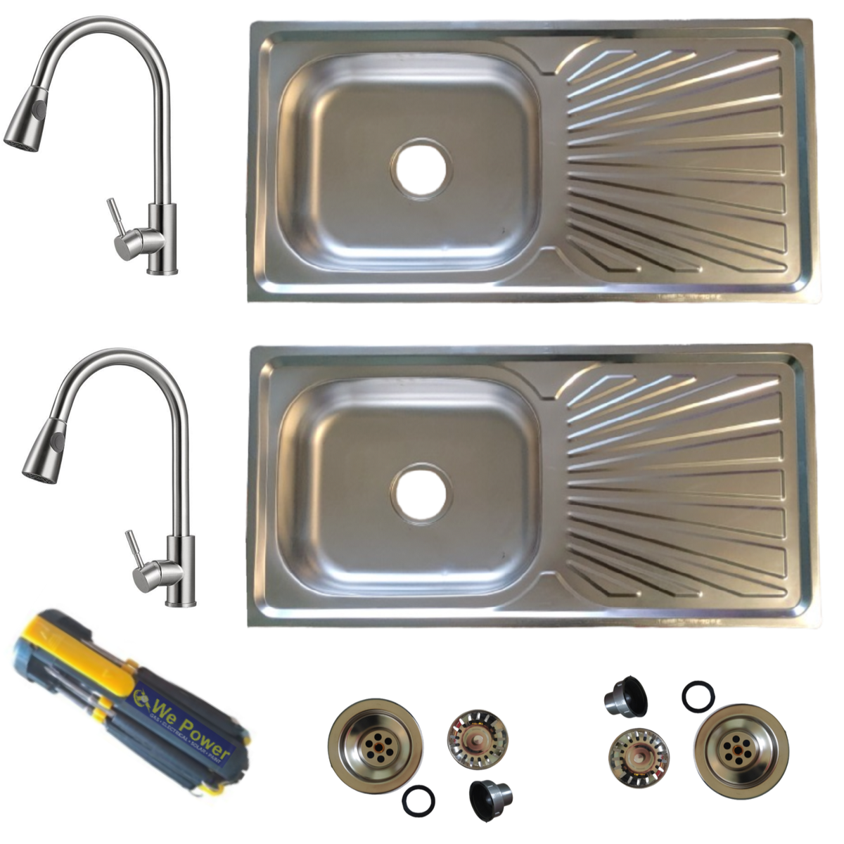 Kitchen Sink Single 2 Drop In Sink, 2 Silver Pull-Out Tap, Screwdriver