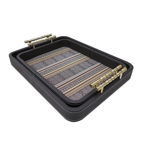 Wooden Base 2 Piece Pleather-Bound Serving Tray Set 3013-A - 42cm &amp; 38cm