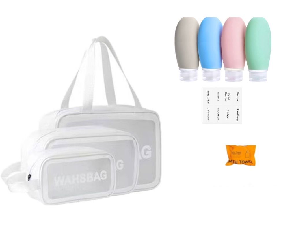 3 Pieces Cosmetic Wash Bag (White) & Mini Travel Bottles & Travel Towel