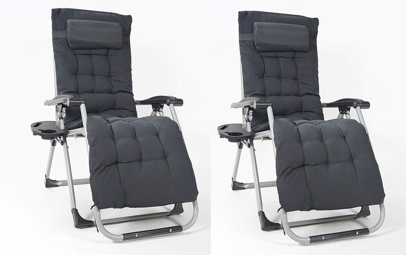 2x Sun Lounger Patio/ Camping Recliner Chair With Drink Holder (Black)