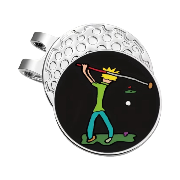 Golf Hat Clip with Removable Ball Marker - Guy hitting Golf Ball on Black