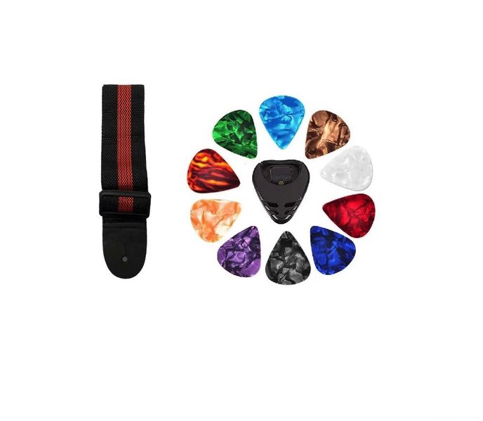 Black with Red Stripe Guitar Strap With Pick Box and Plectrums