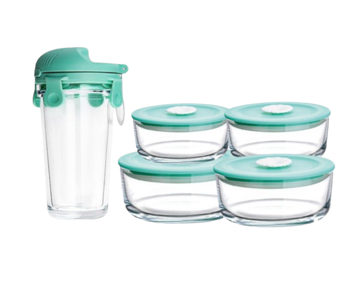 Bailock Quality Borosilicate Glass Lunchbox Set &amp; Water Bottle - Set of 5
