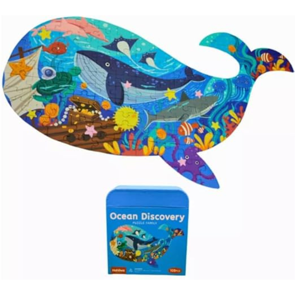 Mu Bear &amp; Co-Floor Puzzle Ocean Discovery-Whale Shape-108 Pcs in Carrycase