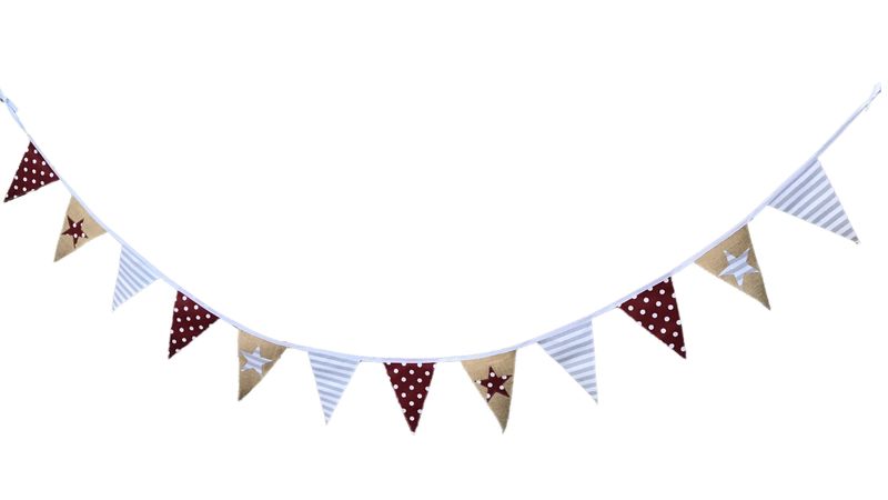 Bunting Red Polkadot Stars, Grey Stripe, Hessian/burlap
