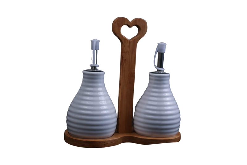 Shinny Oil And Vinegar Ceramic Set With Wooden Stand