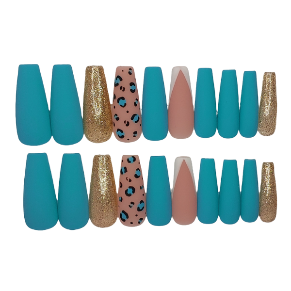 Luxury Press On Nails - Medium Coffin Blue &amp; Leopard Print - 20 Piece