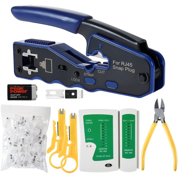RJ45 Network Crimping Tool Set with Pass-through Crimper &amp; Connectors