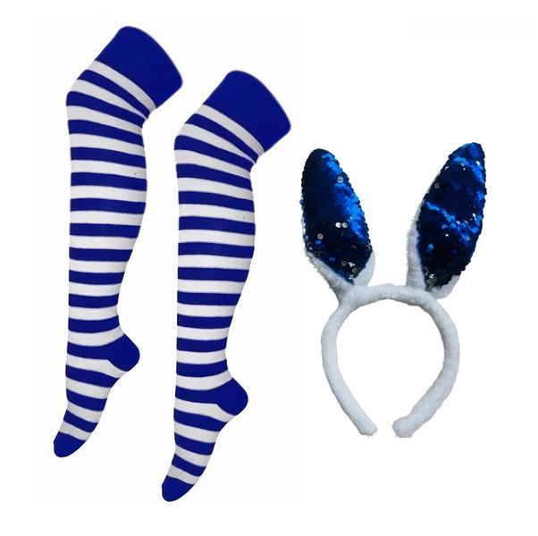 Women's Over Knee Long Striped Socks &amp; Sequins Bunny Alice Band