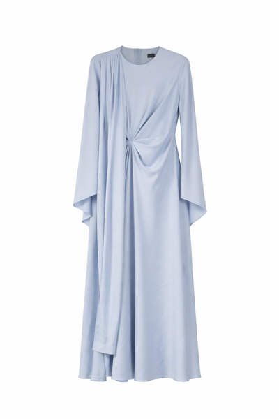 Elegant Modest Floor Length Dress with Draped Front Detail - Light Blue