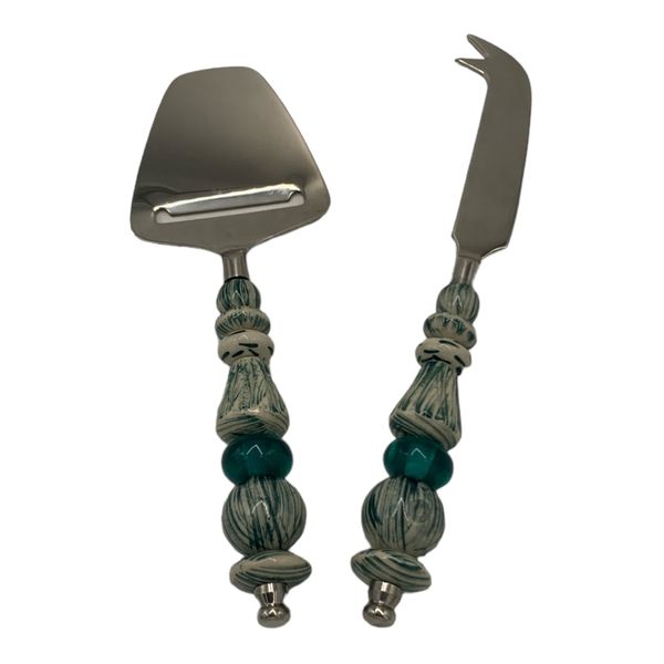 Cheese Server 2 Piece Set Beaded Handle Blue