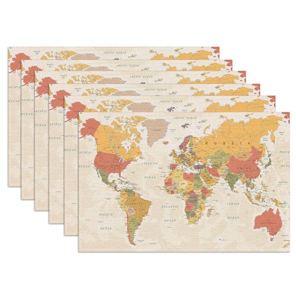 World Map Placemats Set of 6, Linen 33 x 45cm