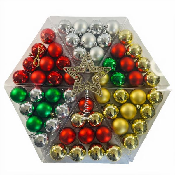 Christmas Balls Hexagon Star Set - 60 Xmas Balls 5cm &amp; Star Topper 20cm