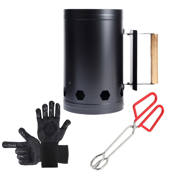 Charcoal Chimney Starter With Fire Tongs Gloves for Charcoal Coal BBQ