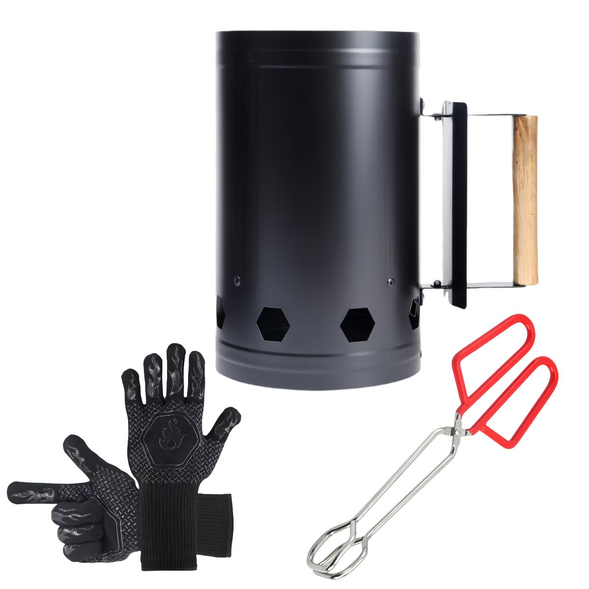 Charcoal Chimney Starter With Fire Tongs Gloves for Charcoal Coal